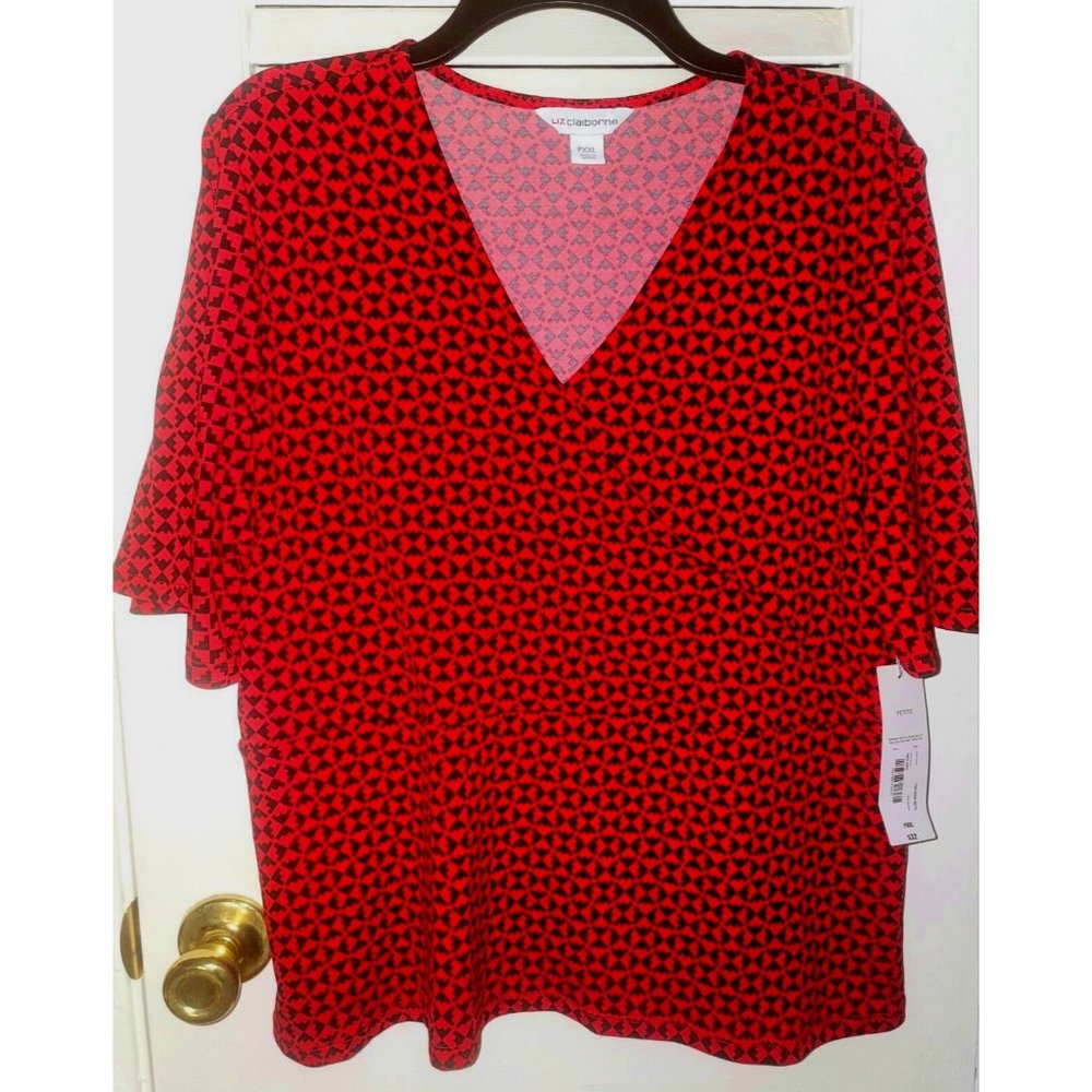 NEW Liz Claiborne Red/Black Geometric Short Sleeve Poly/Spandex Wrap Top PXXL